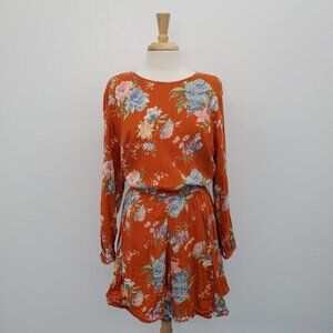 American Eagle Womens Long Sleeve‎ Floral Open Back Midi Dress Size XL Orange